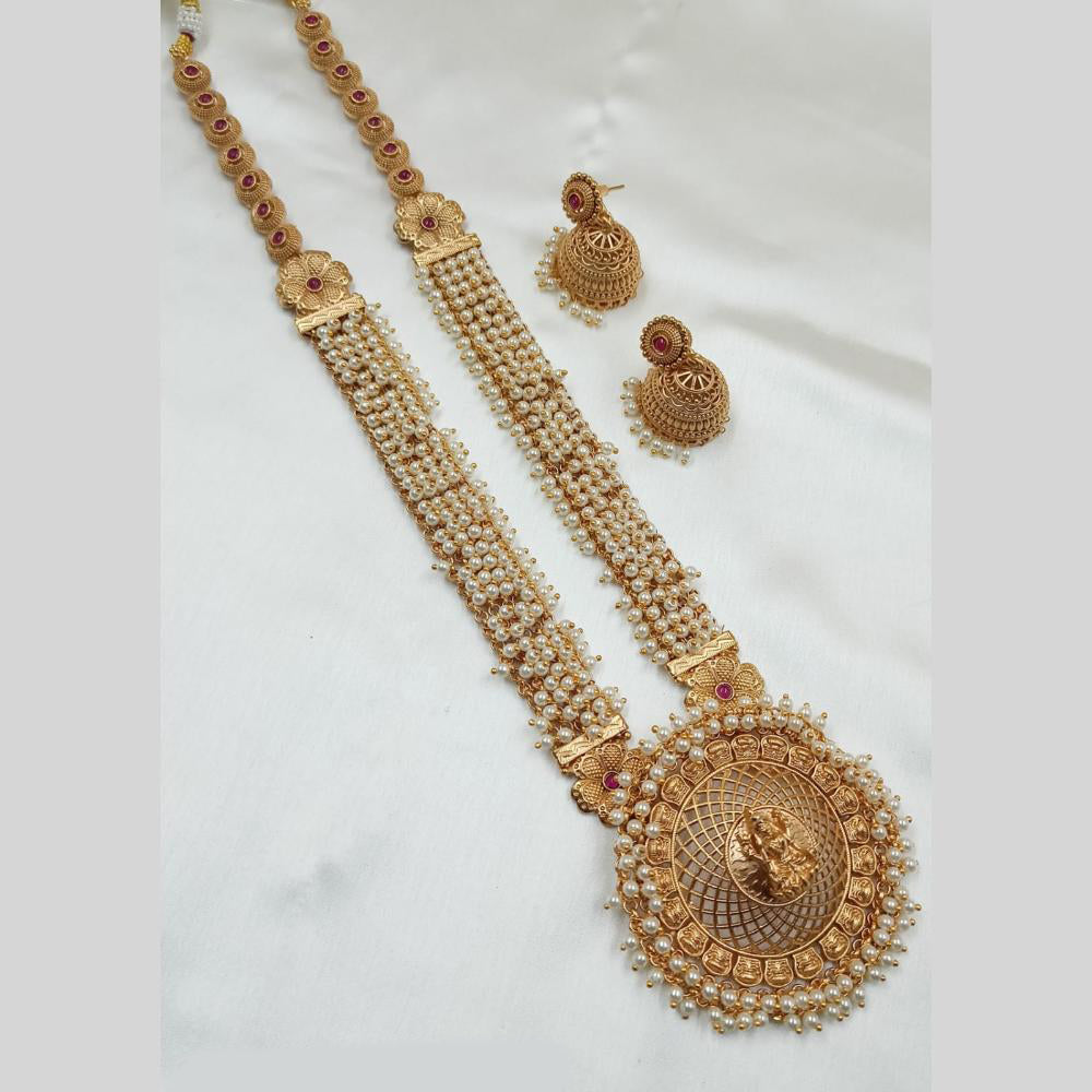 NAFJ Gold Plated Traditional Indian Pota Stones And Pearl Temple Long Necklace Set