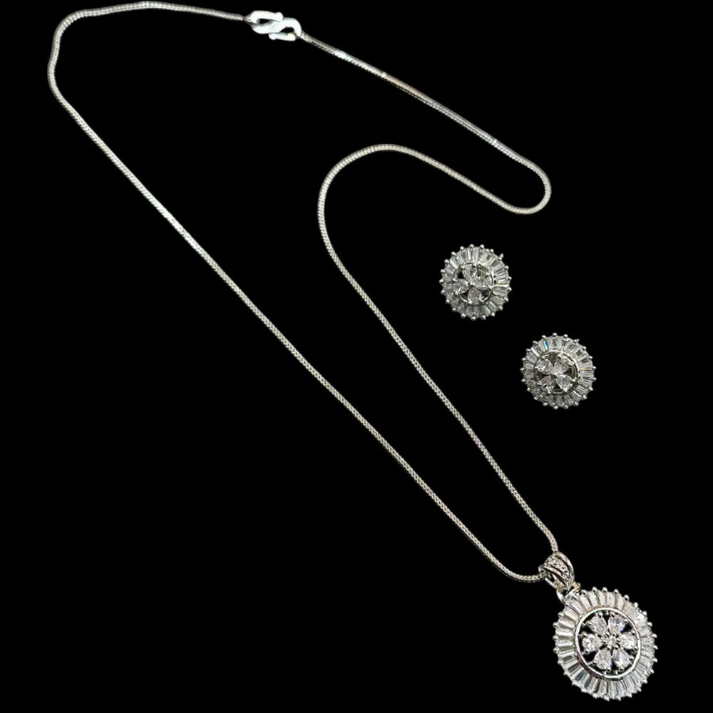 NAFJ Silver Plared American Diamond Chain Pendant Set