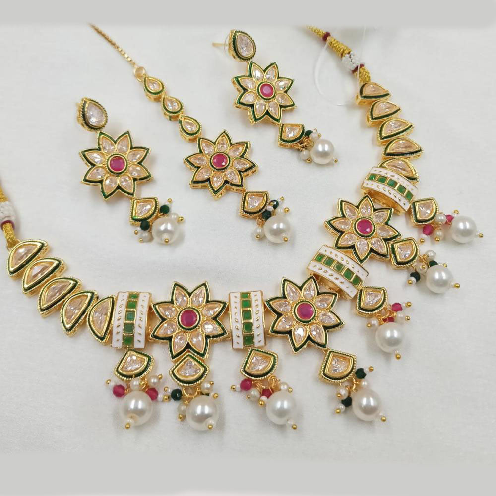 NAFJ Gold Plated Crystal Stone And Meenakari Necklace Set