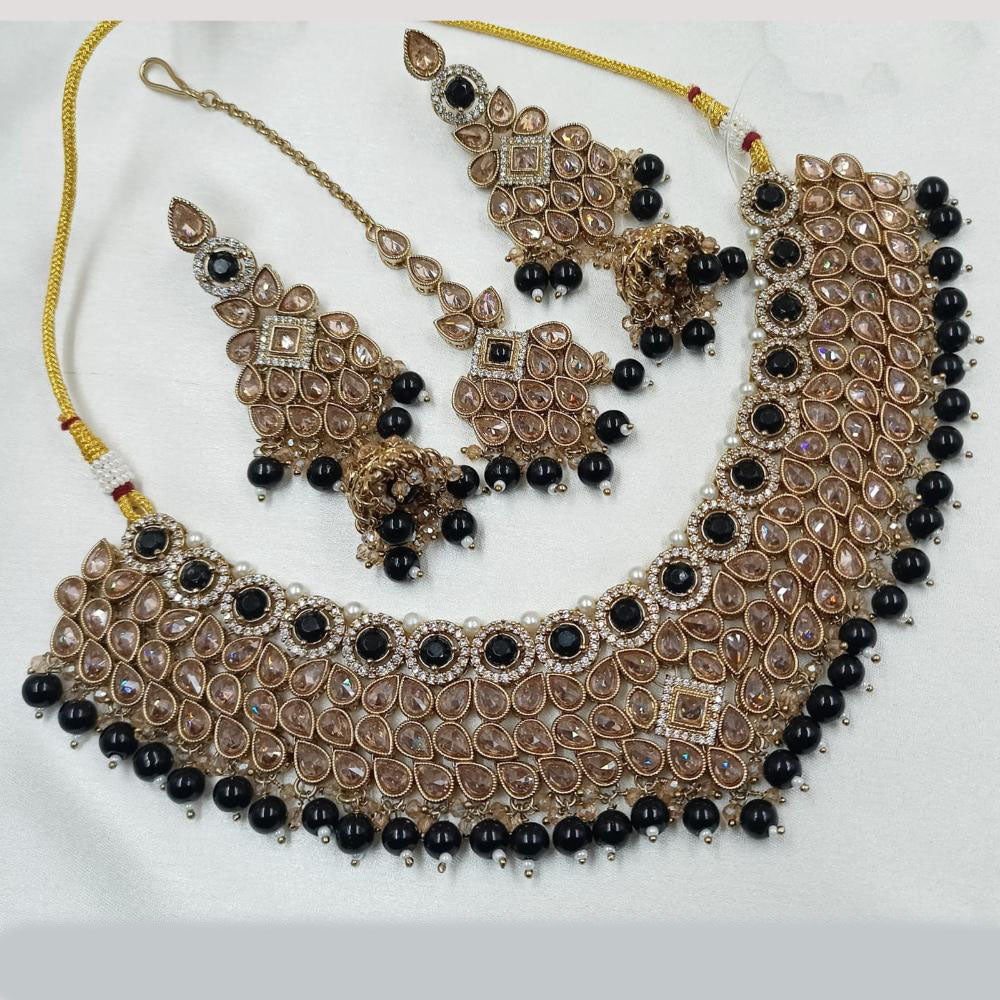 NAFJ Gold Plated Crystal Stone And Beads Choker Necklace Set