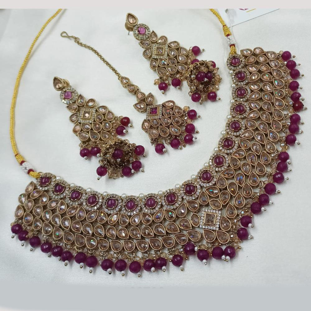 NAFJ Gold Plated Crystal Stone And Beads Choker Necklace Set