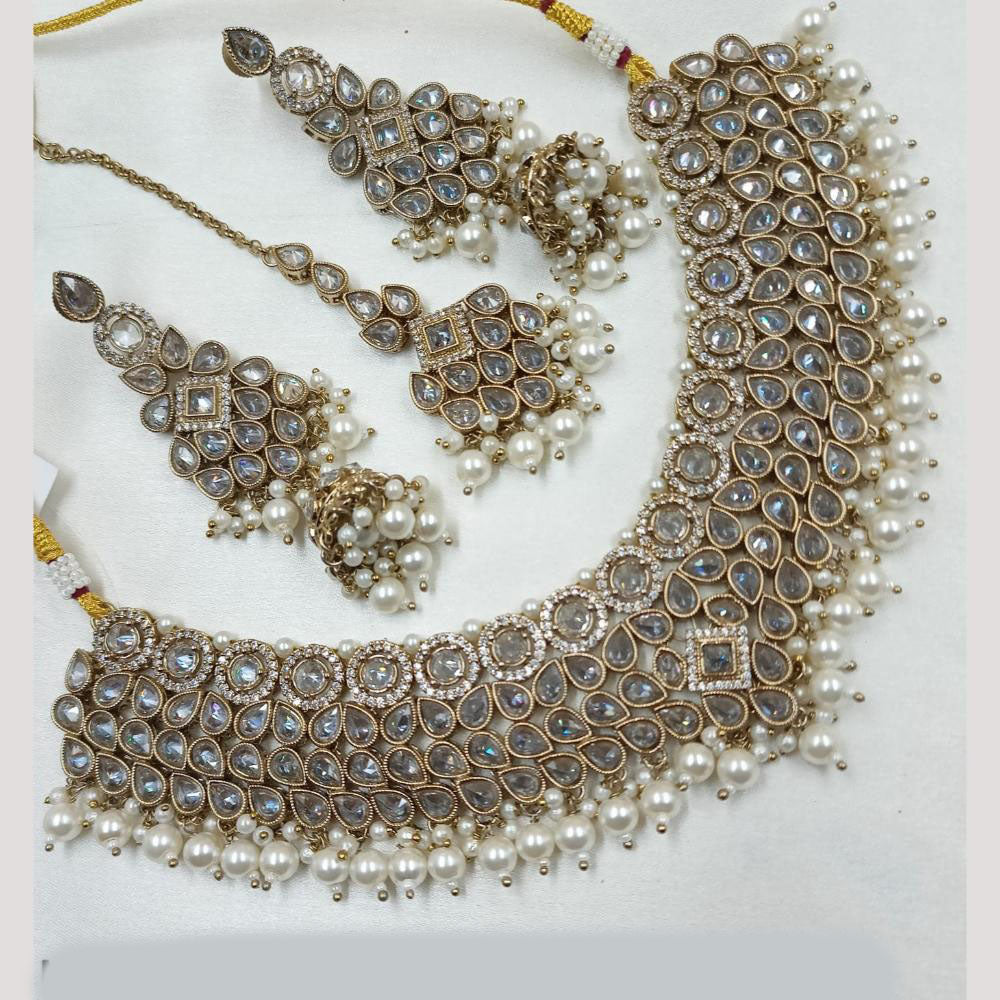 NAFJ Gold Plated Crystal Stone And Beads Choker Necklace Set