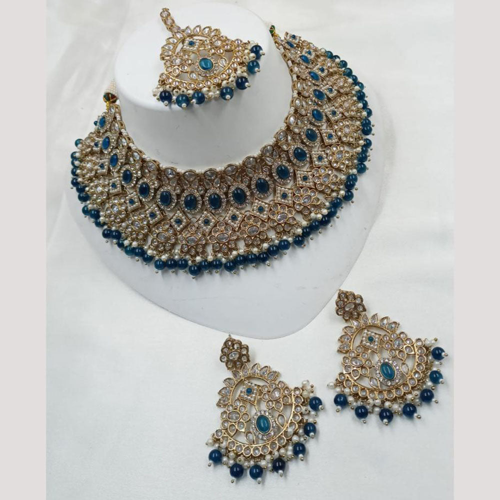 NAFJ Gold Plated Crystal Stone And Beads Choker Necklace Set