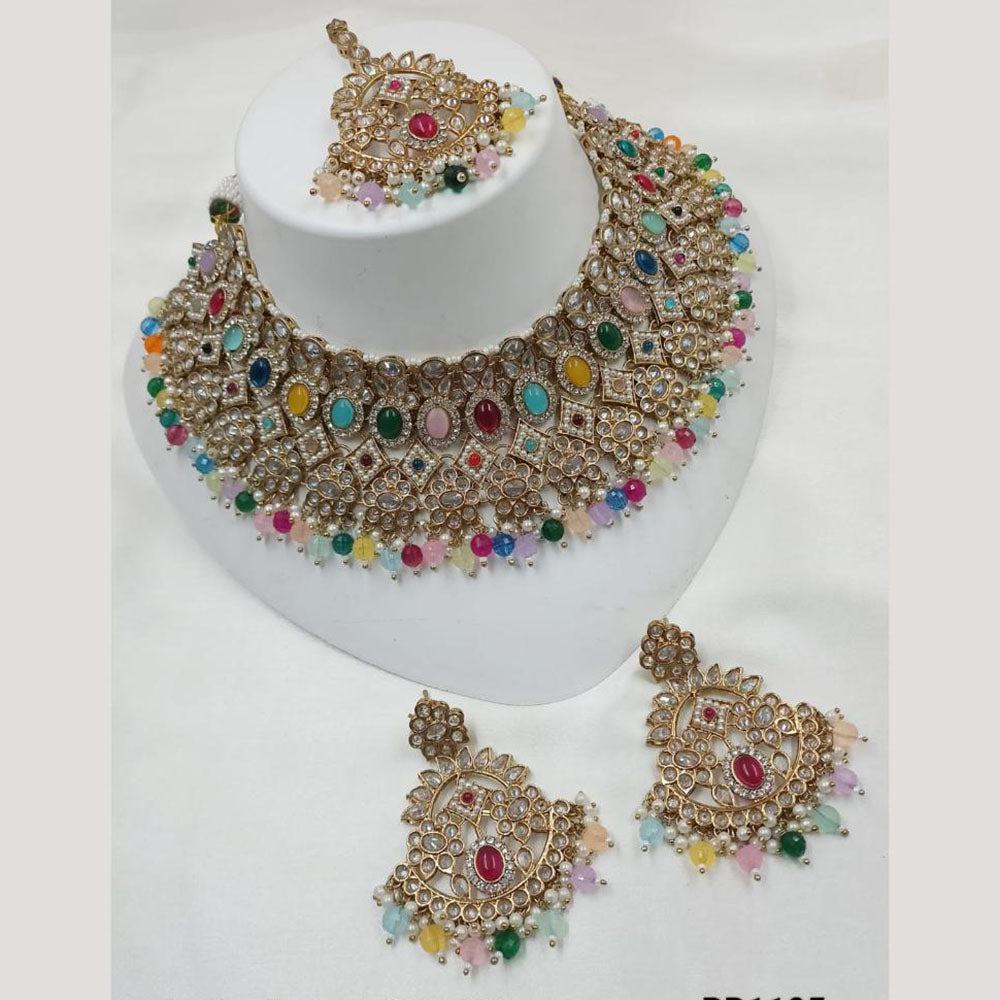 NAFJ Gold Plated Crystal Stone And Beads Choker Necklace Set