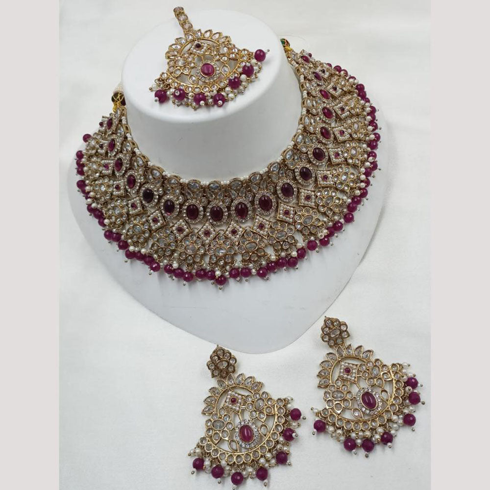 NAFJ Gold Plated Crystal Stone And Beads Choker Necklace Set