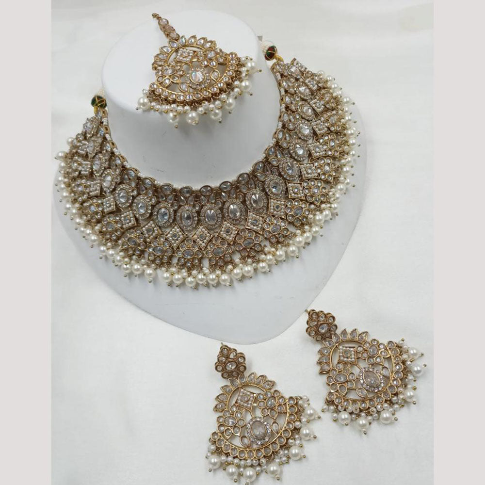 NAFJ Gold Plated Crystal Stone And Beads Choker Necklace Set
