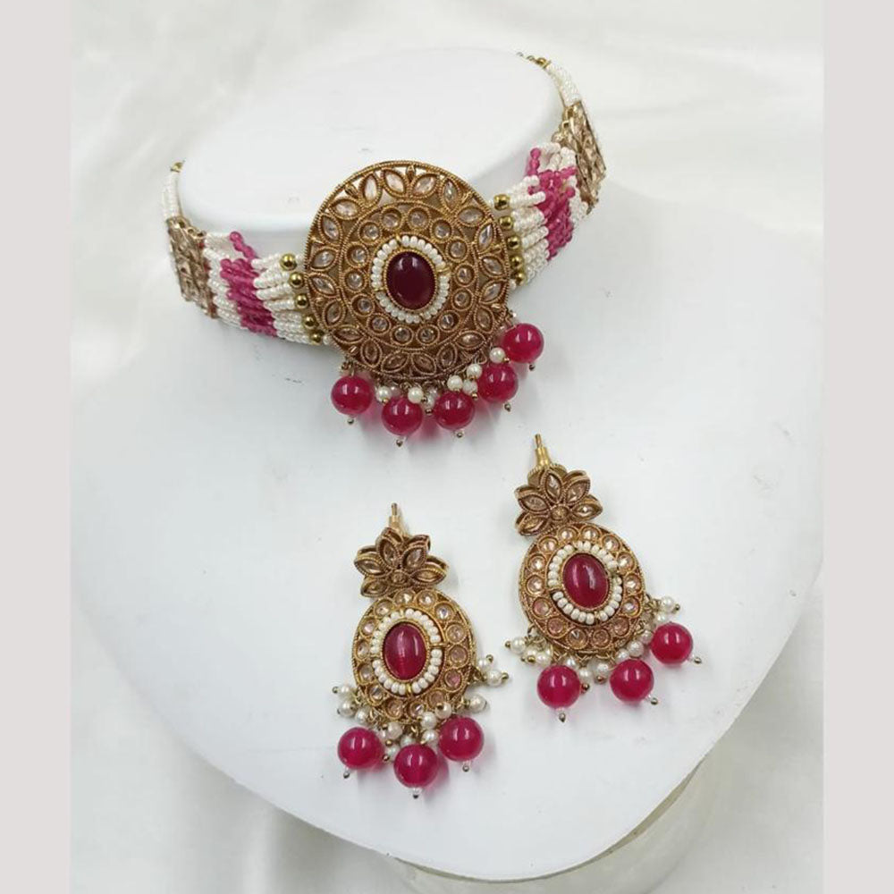 NAFJ Gold Plated Crystal Stone And Beads Choker Necklace Set