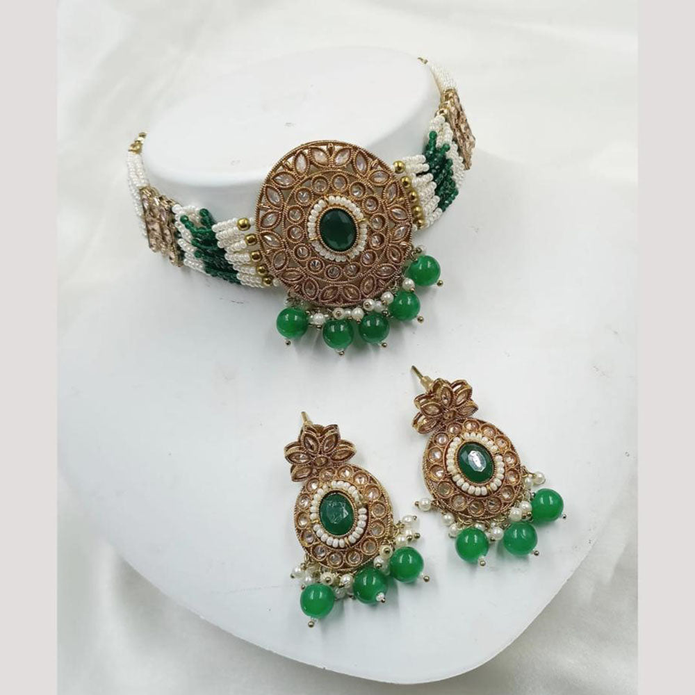 NAFJ Gold Plated Crystal Stone And Beads Choker Necklace Set