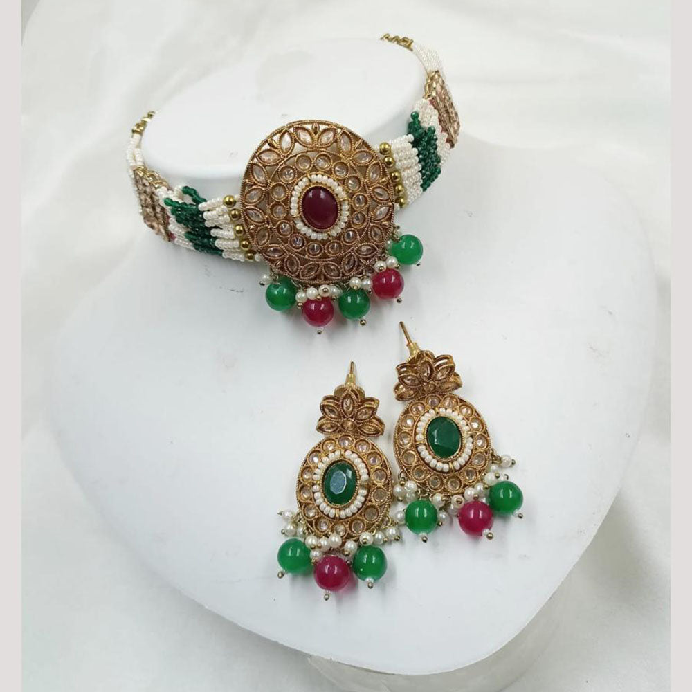 NAFJ Gold Plated Crystal Stone And Beads Choker Necklace Set