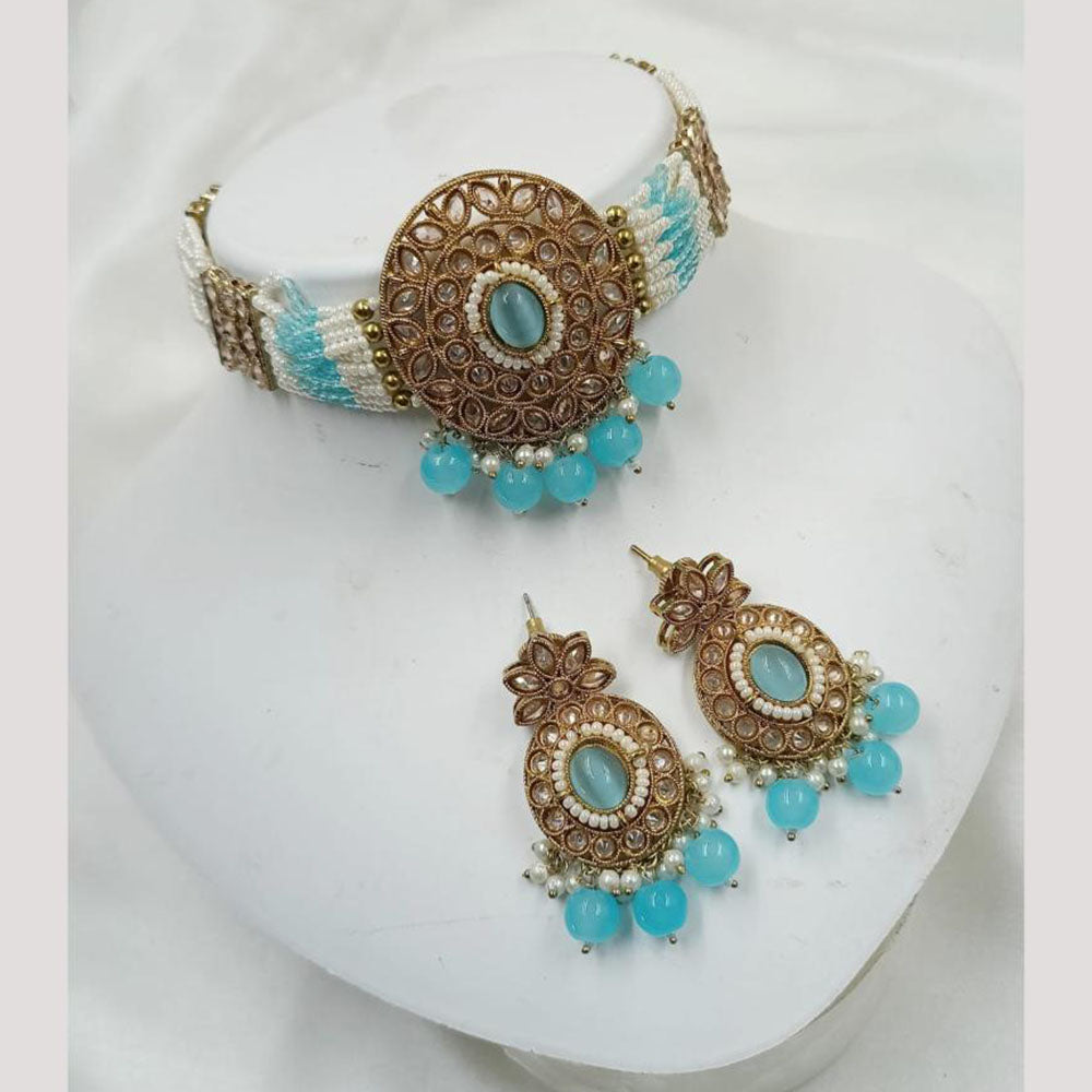 NAFJ Gold Plated Crystal Stone And Beads Choker Necklace Set