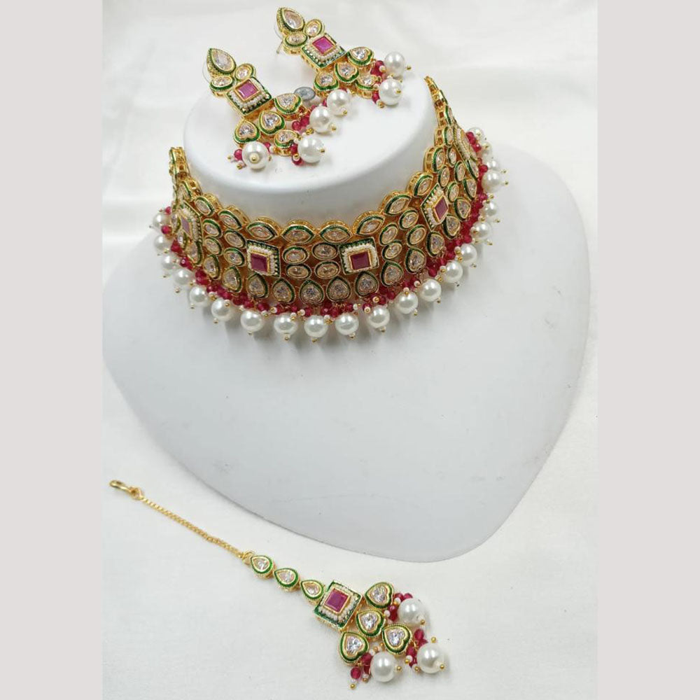 NAFJ Gold Plated Crystal Stone And Pearls Choker Necklace Set