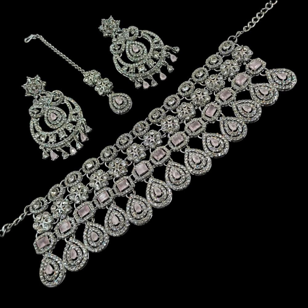 NAFJ Silver Plated American Diamond Necklace Set