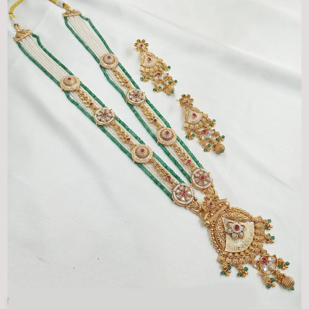 NAFJ Gold Plated Pota Stone And Beads Meenakari Long Necklace Set