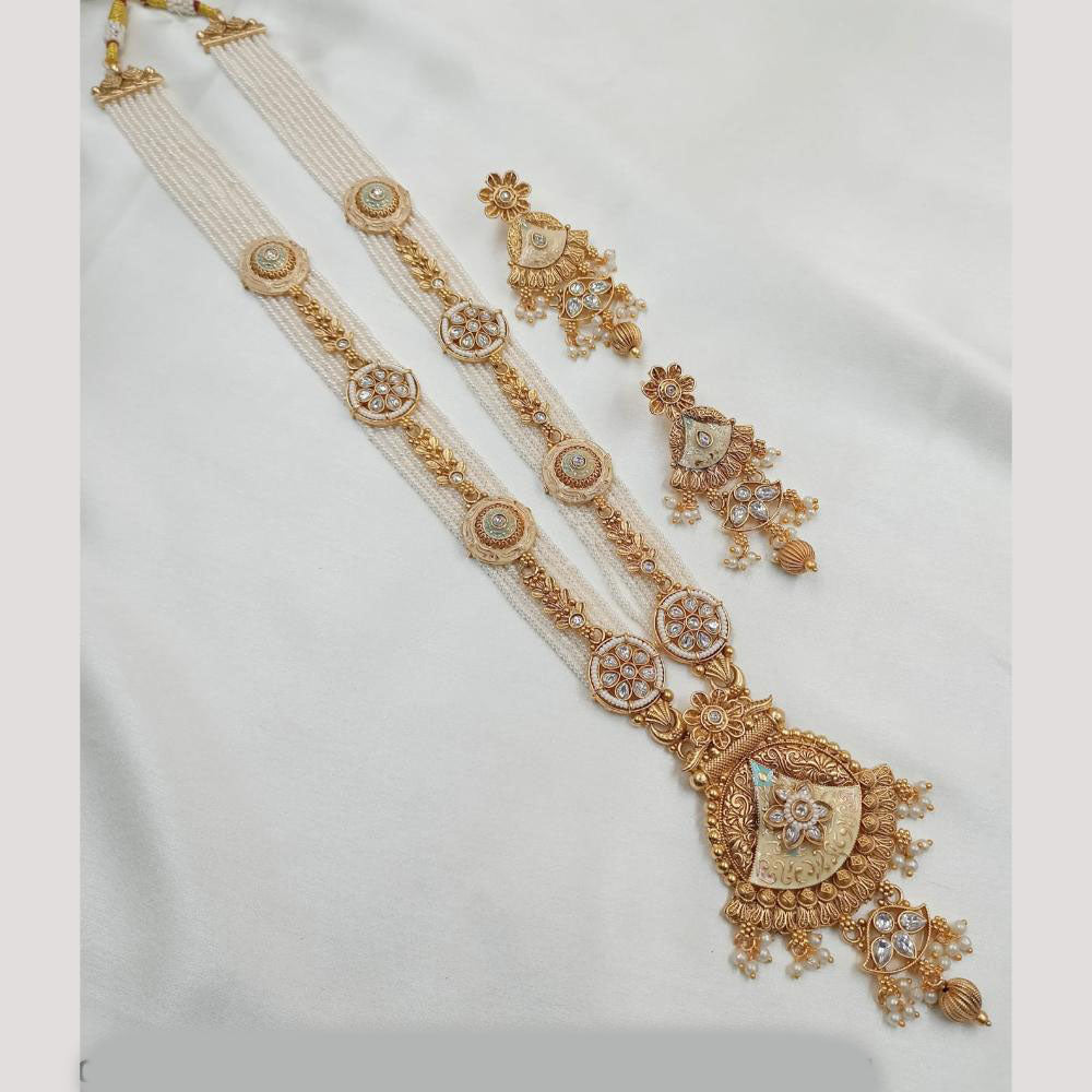 NAFJ Gold Plated Pota Stone And Beads Meenakari Long Necklace Set