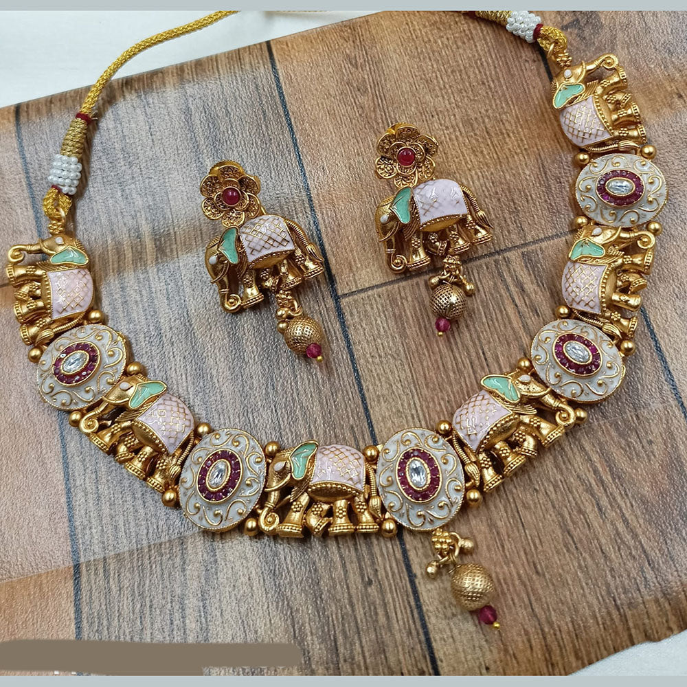 NAFJ Gold Plated Pota Stone Meenakari Necklace Set