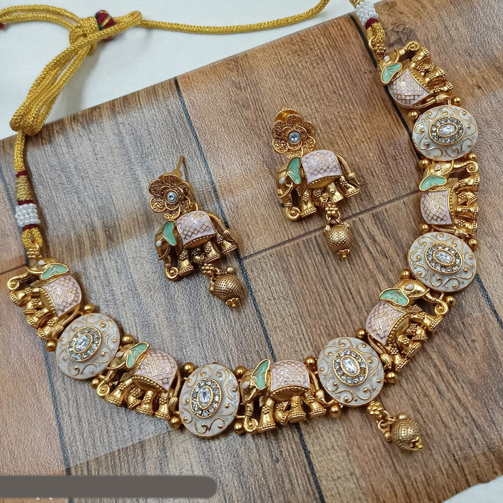 NAFJ Gold Plated Pota Stone Meenakari Necklace Set