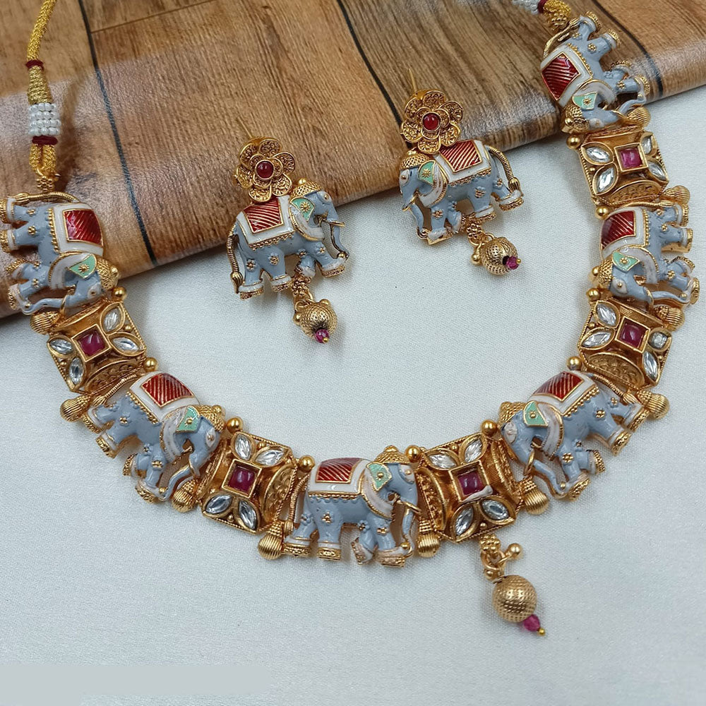 NAFJ Gold Plated Pota Stone Meenakari Necklace Set