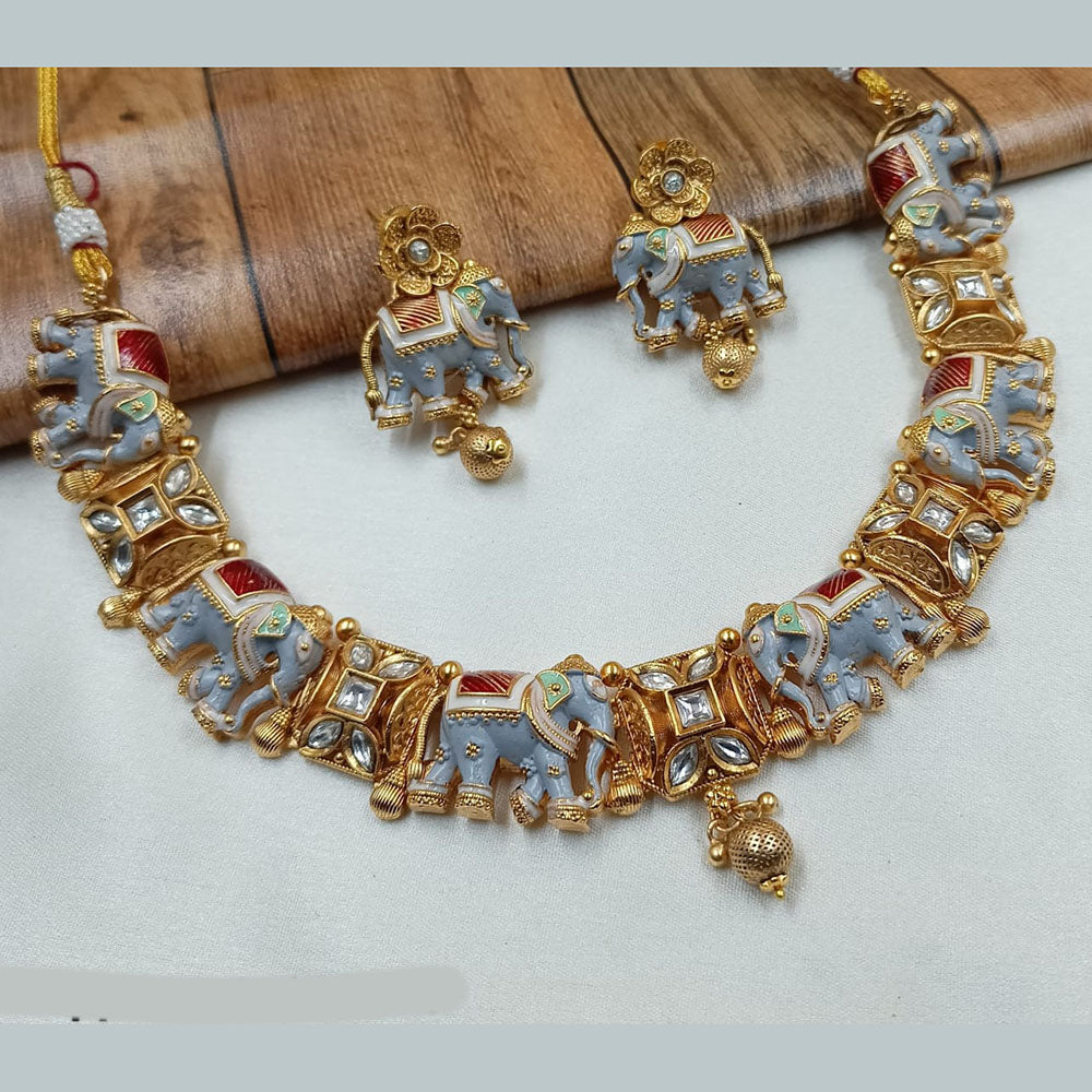 NAFJ Gold Plated Pota Stone Meenakari Necklace Set