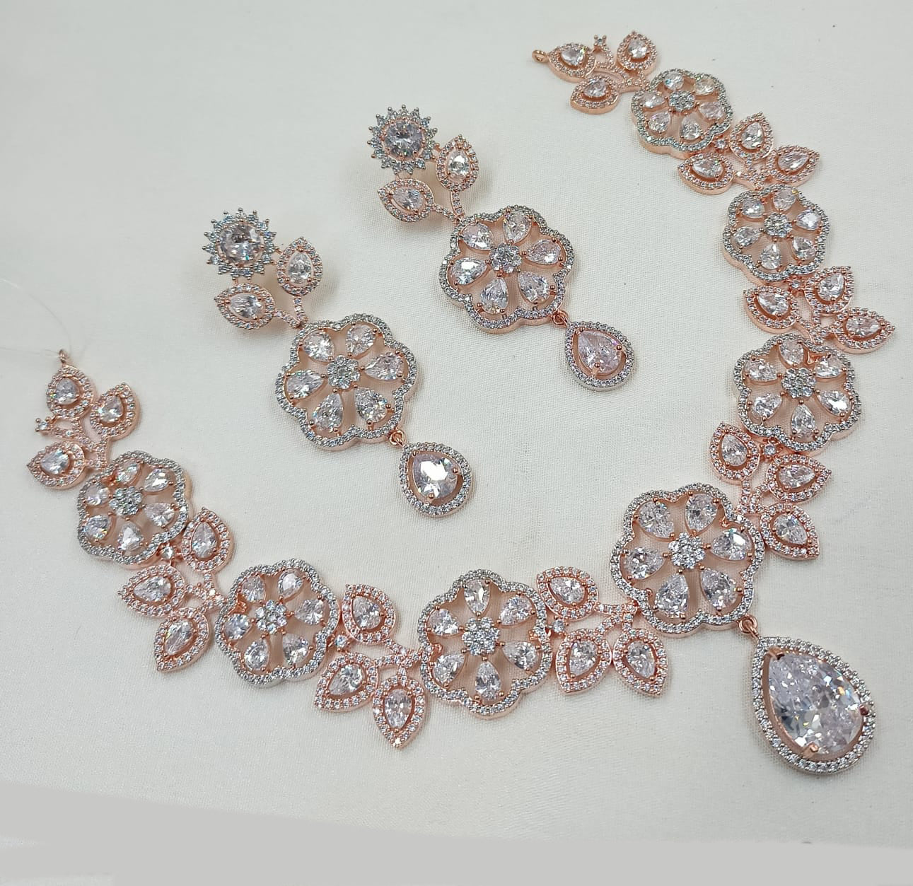 NAFJ Rose Gold Plated American Diamond Necklace Set