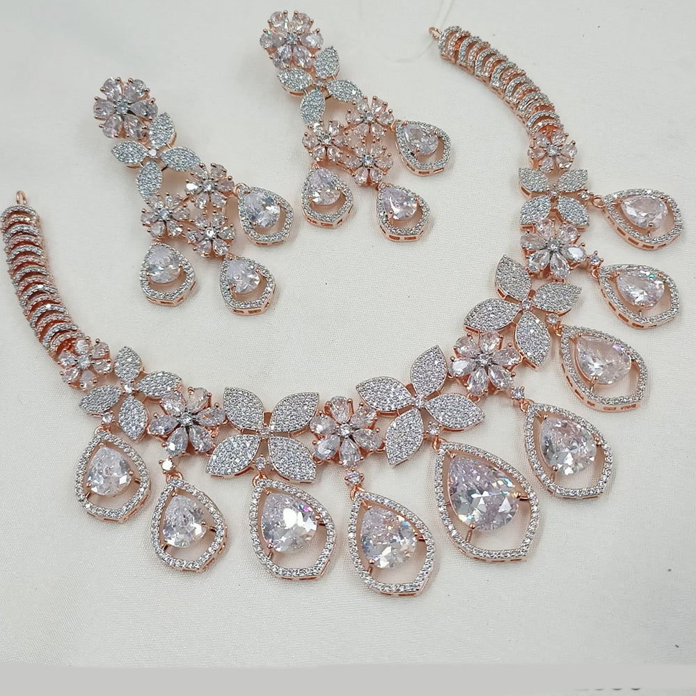 NAFJ Rose Gold Plated American Diamond Necklace Set