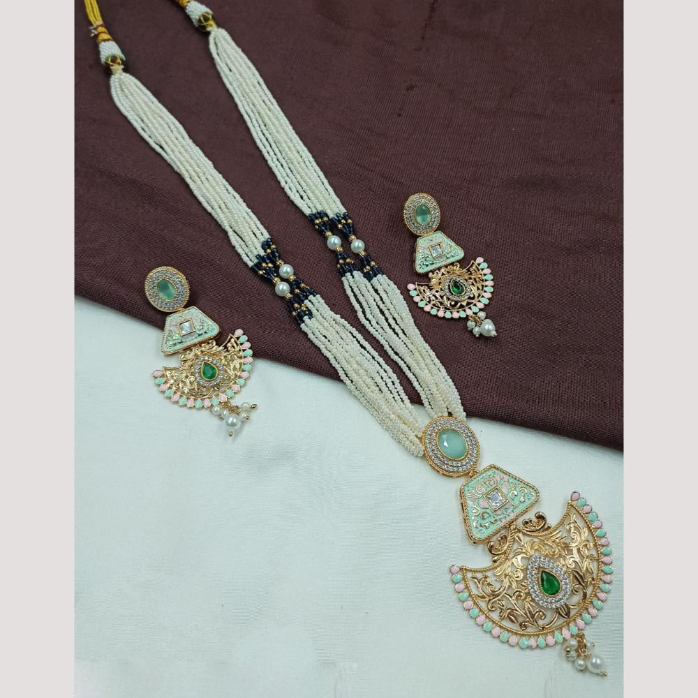 NAFJ Elegant Pota Stone and Pearl Long Meenakari Necklace Set