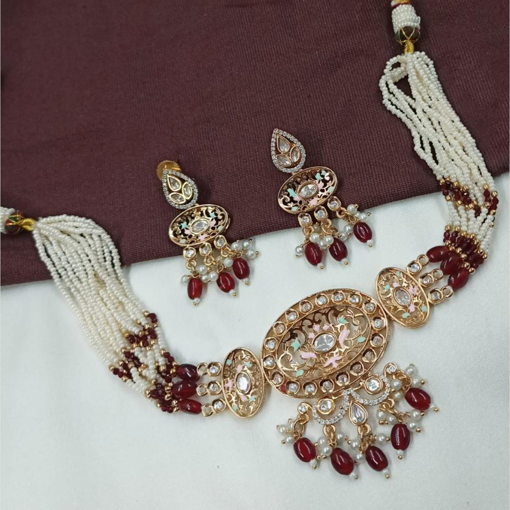 NAFJ Ethnic Gold Plated Polki Kundan And Pearl Meenakari Choker Necklace Set