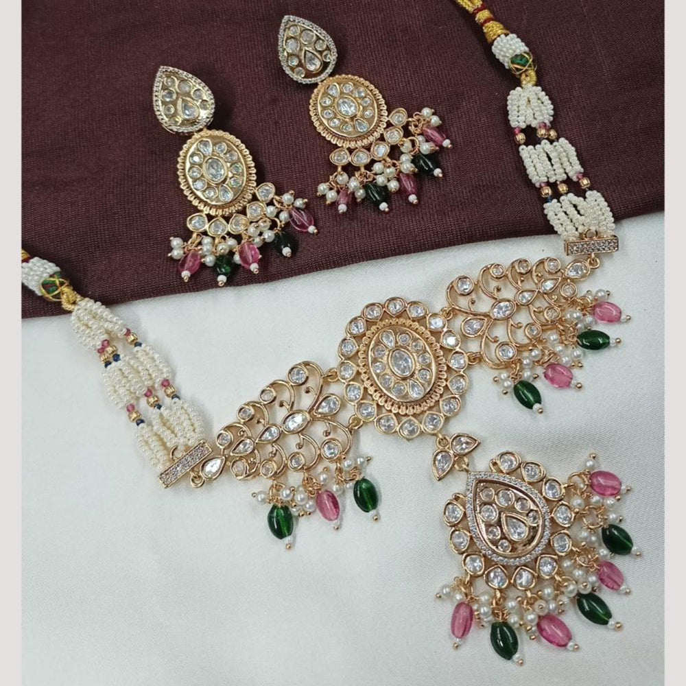NAFJ Ethnic Gold Plated Polki Kundan And Pearl Choker Necklace Set