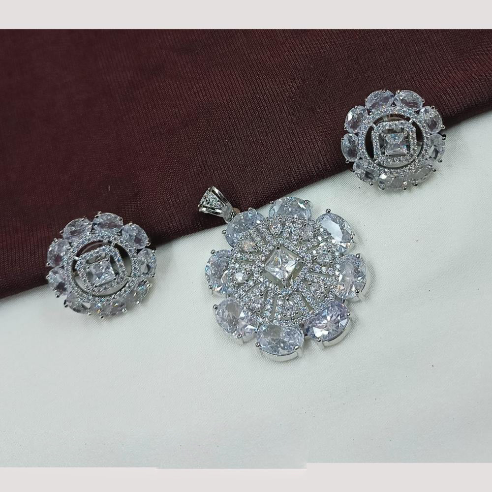 NAFJ Premium Rhodium Finish American Diamond Pendant Jewellery Set