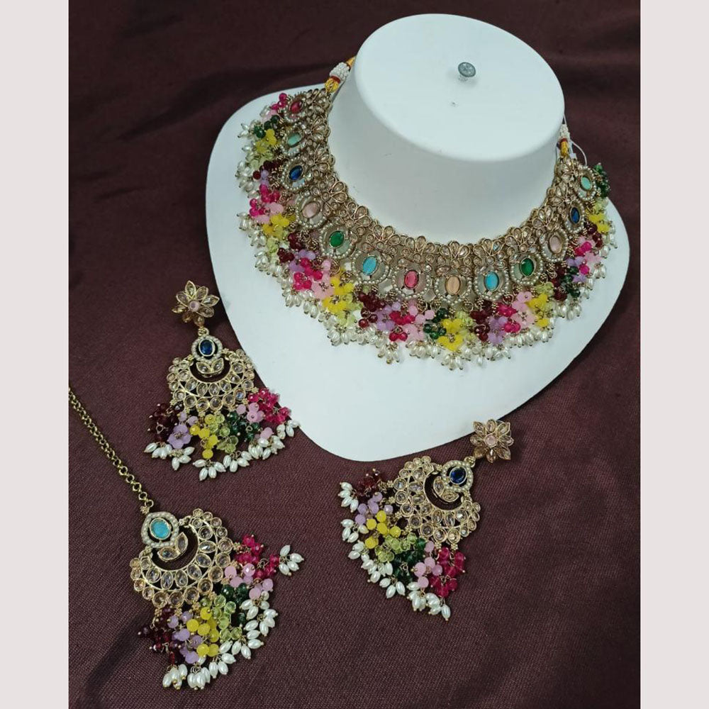 NAFJ Designer Pearl and Crystal Choker Necklace Set For Traditional Wedding Wear .