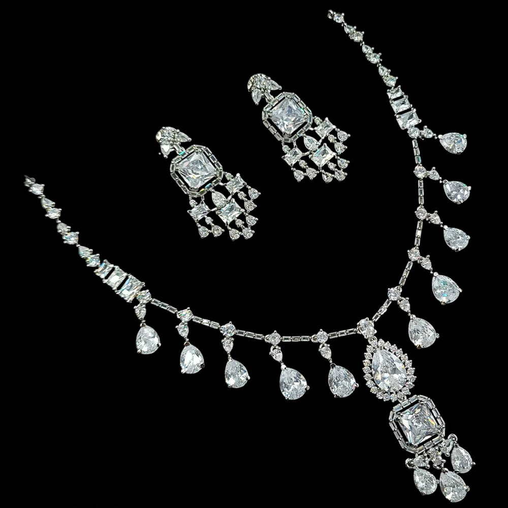 NAFJ Elegant Designer American Diamond Necklace Set with Earrings for Festive & Evening Wear