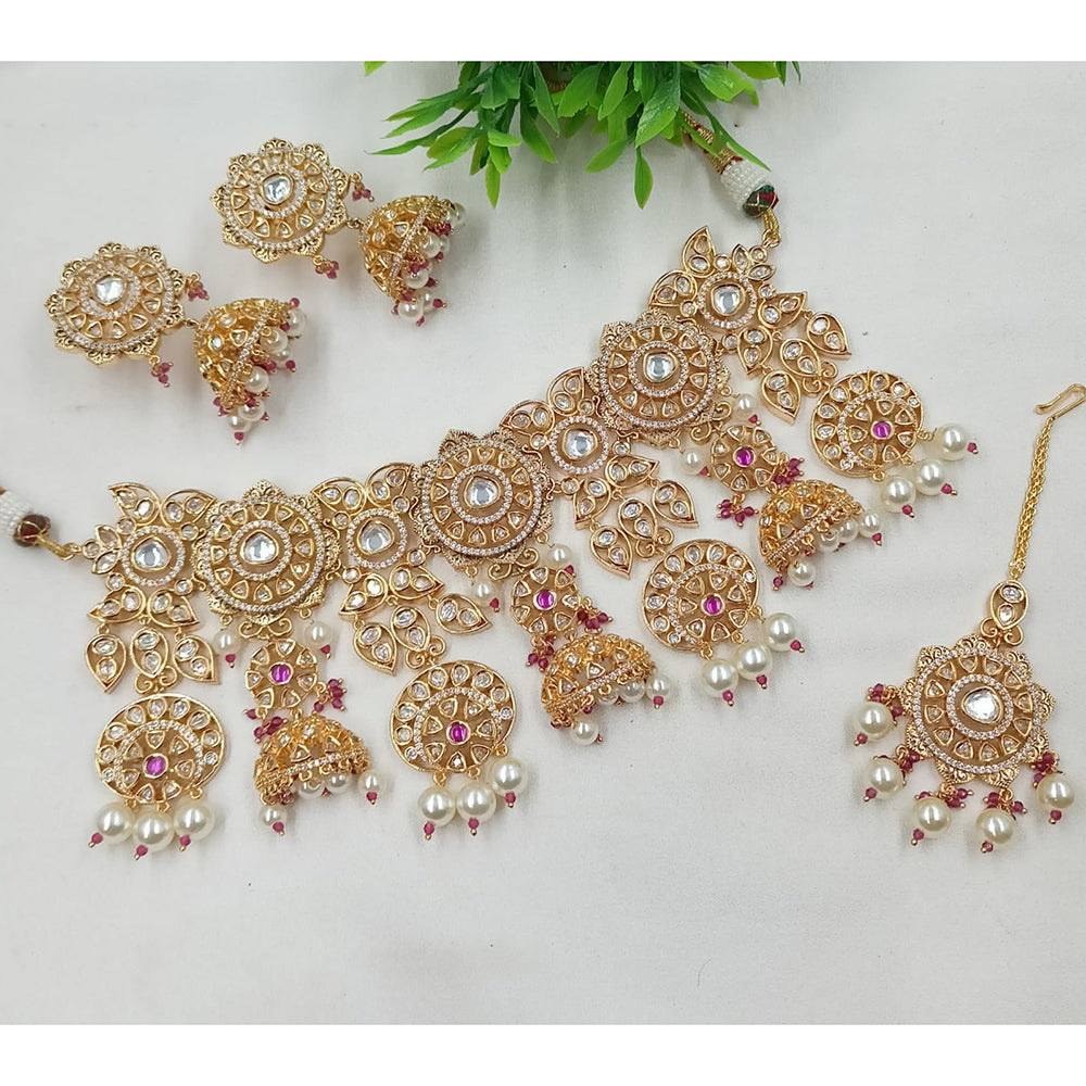 NAFJ Gold Plated Polki Kundan Stone And Pearl Choker Necklace Set