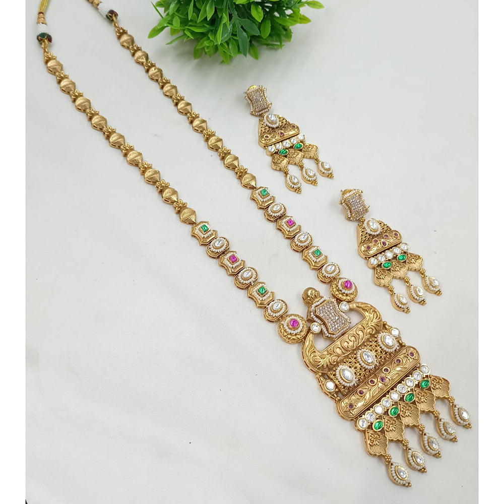 NAFJ Gold Plated Polki Kundan Stone Long Necklace Set