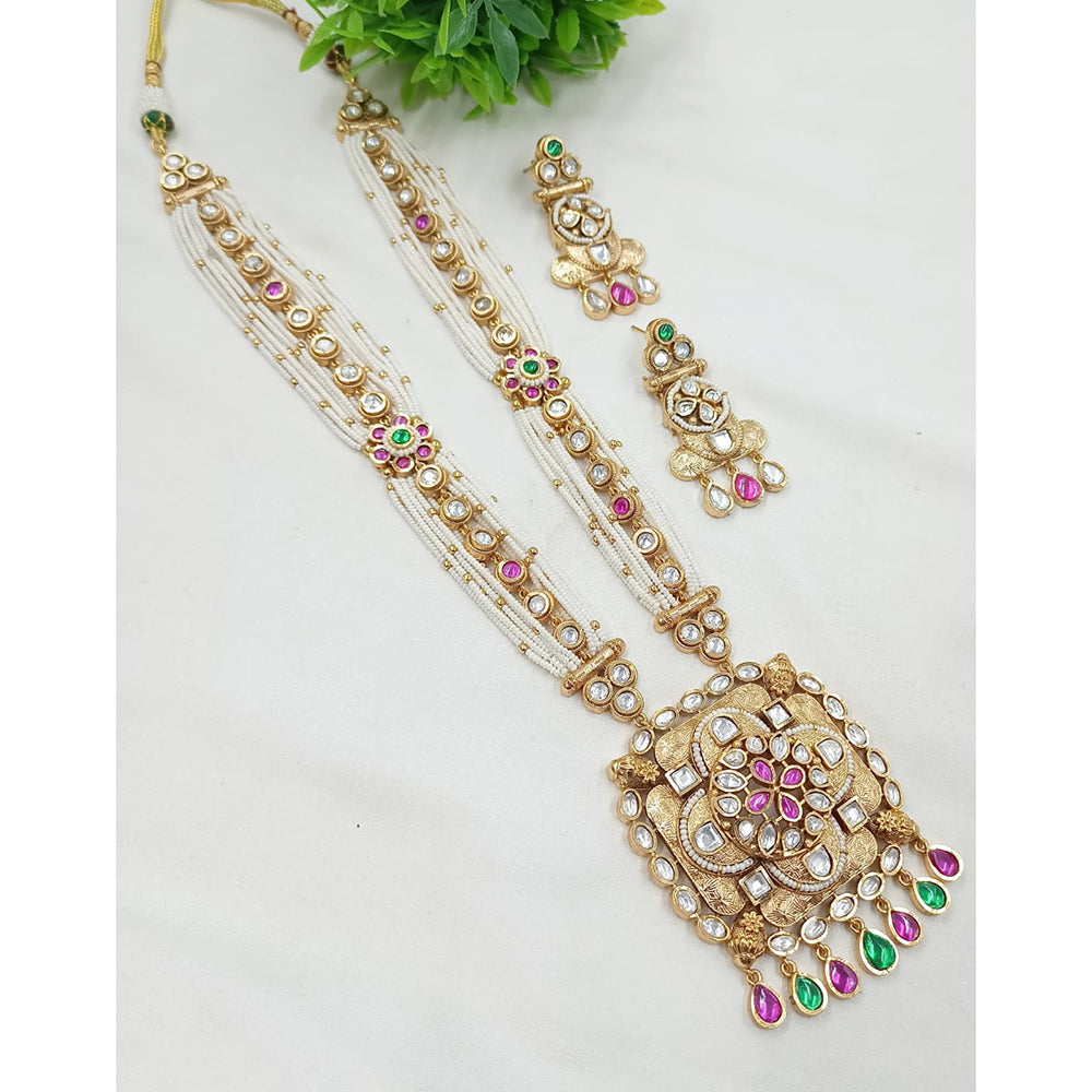 NAFJ Gold Plated Crystal Stone And Pearl Long Necklace Set