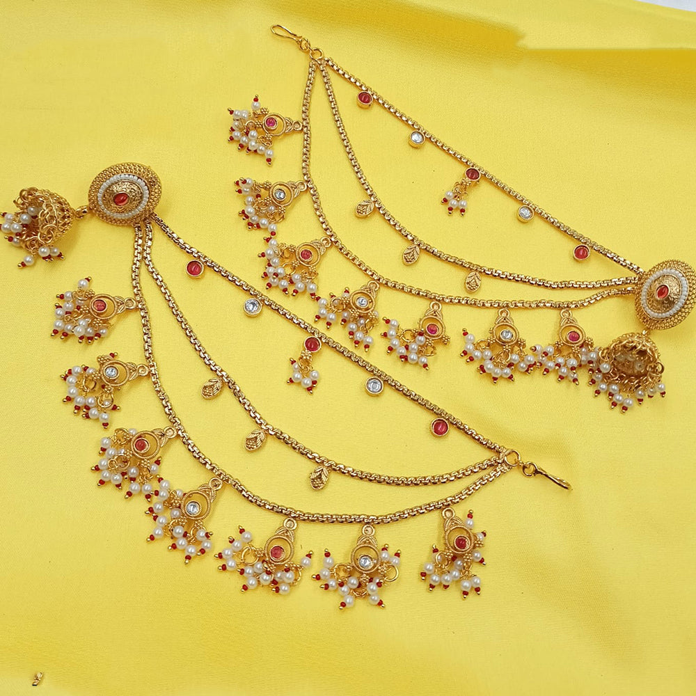 NAFJ Rajwadi Style Pota Stone And Pearl Grand Jhumki Earrings With Maangtikka