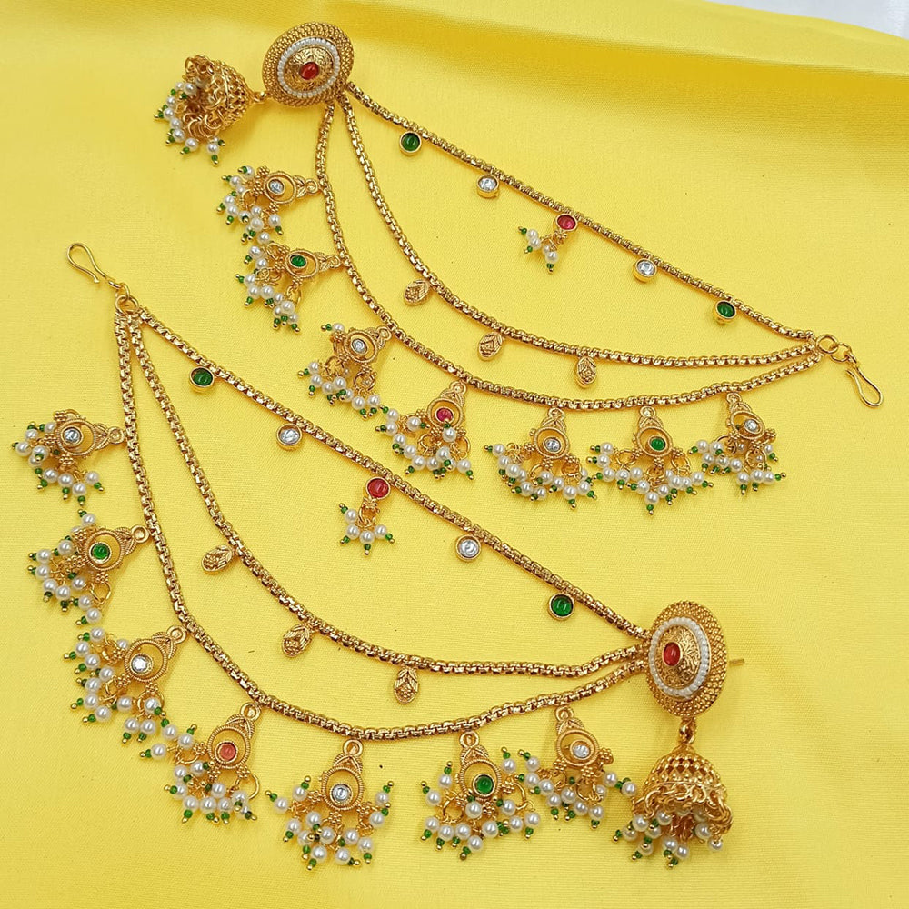 NAFJ Rajwadi Style Pota Stone And Pearl Grand Jhumki Earrings With Kaanchain