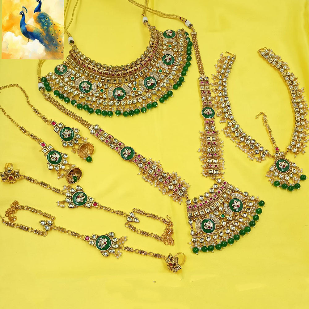 NAFJ Premium Pota Stone Pearl And Beads Meenakari Bridal Jewellery Set