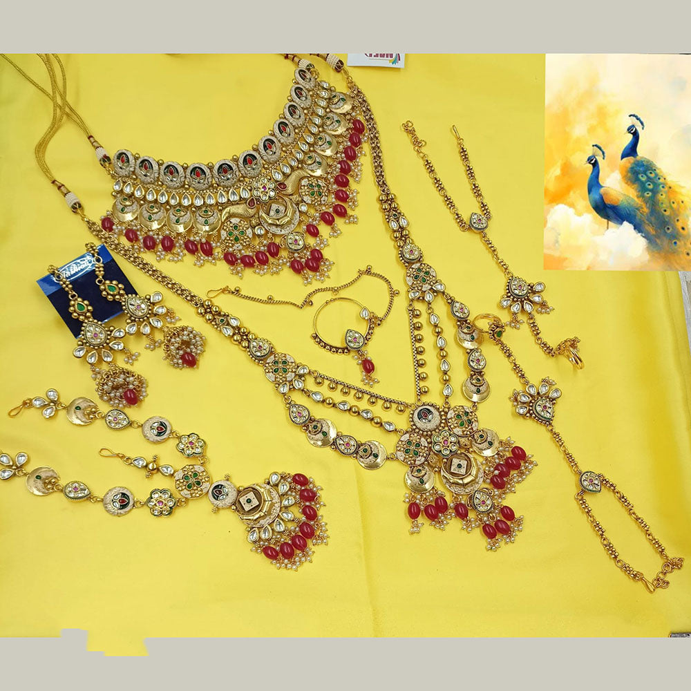 NAFJ Premium Pota Stone Pearl And Beads Meenakari Bridal Jewellery Set