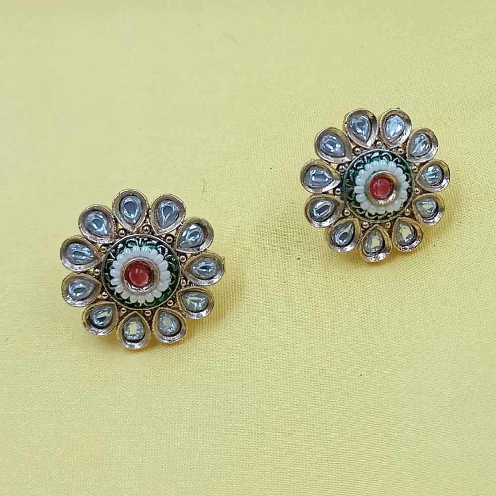 NAFJ Elegant Pota Stone And Meenakari Pearl Stud Earrings