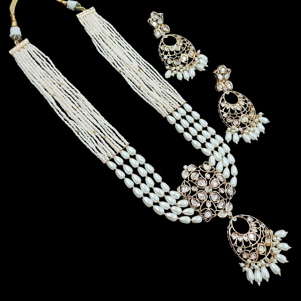 NAFJ Grand Polki Kundan Stone Pearl And Beads Long Necklace Set