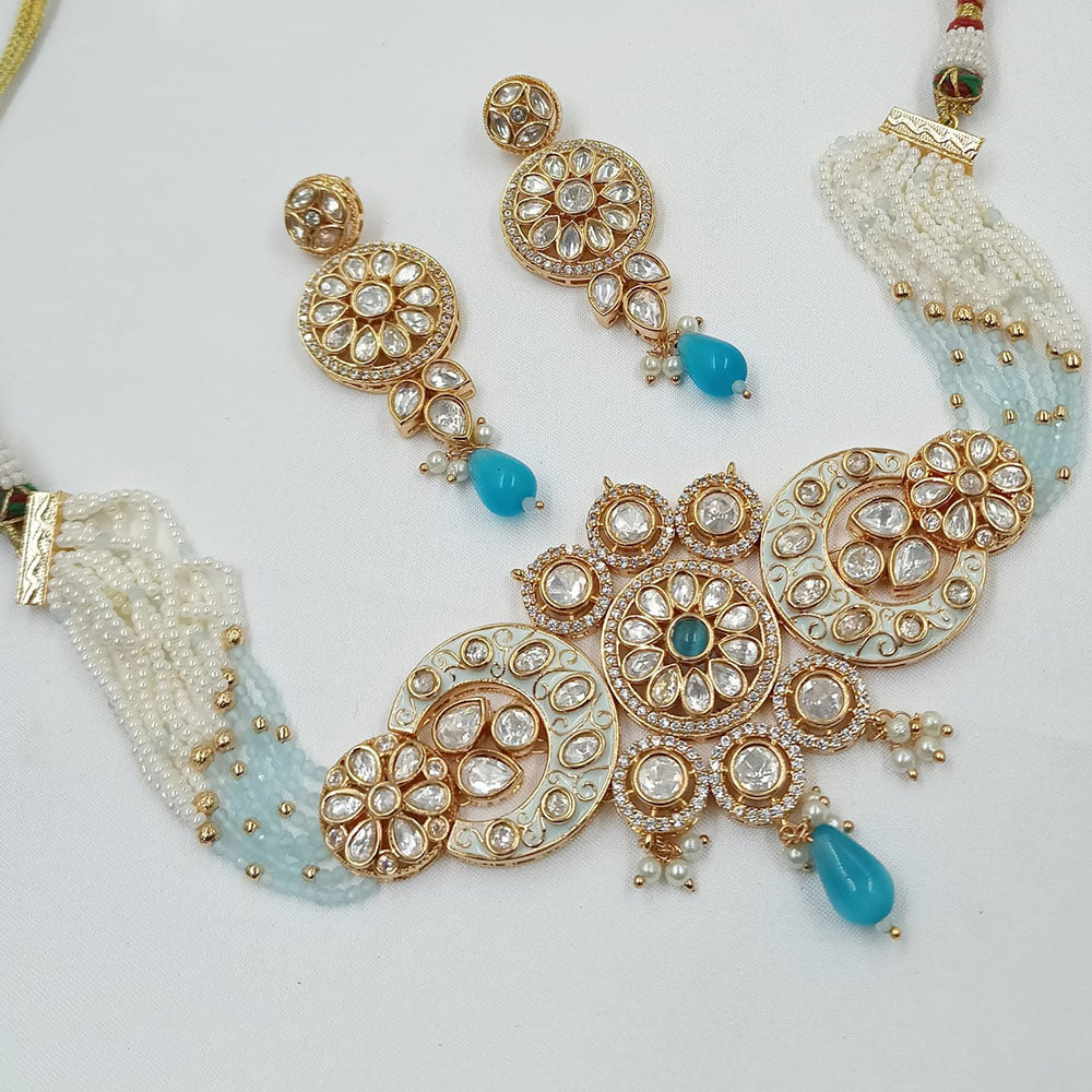 NAFJ Graceful Polki Kundan Stone And Pearl Meenakari Choker Necklace Set