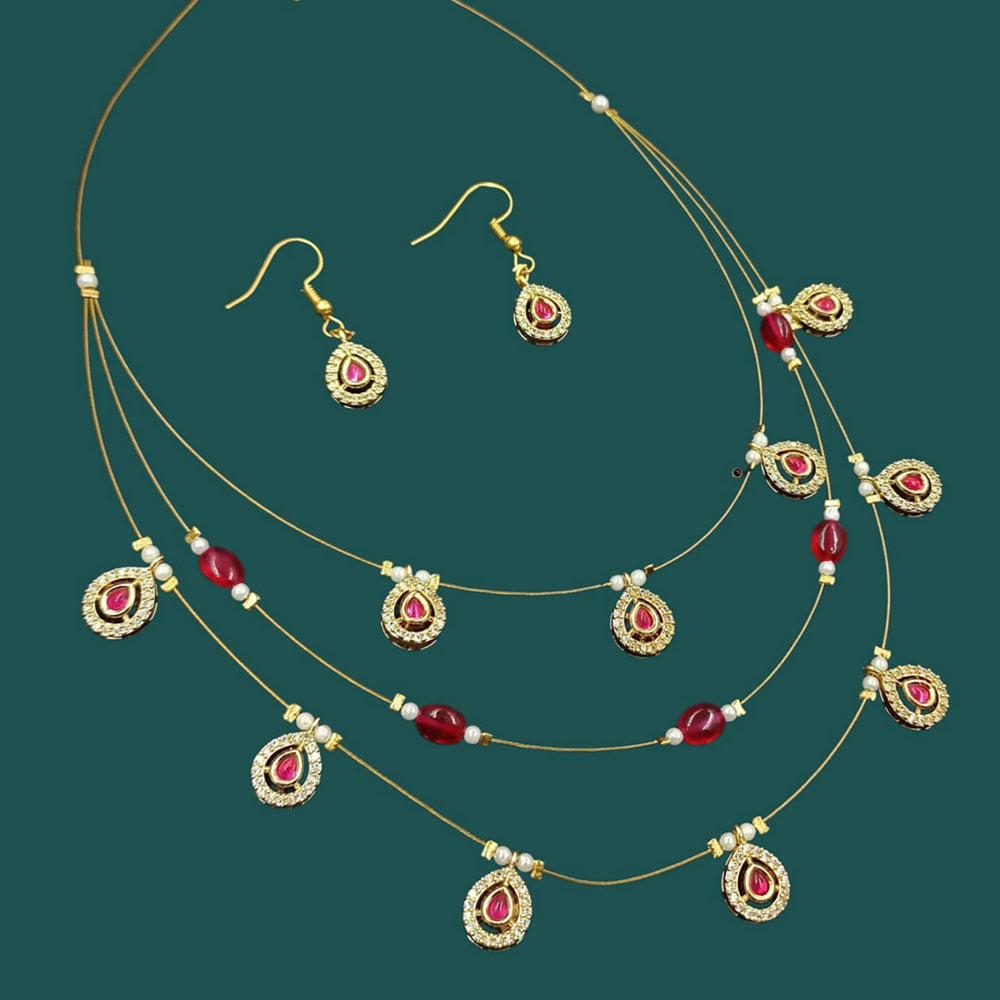 NAFJ Lightweight Multi Layer Floating Chain Crystal Stone Beads and Pearl Fancy Necklace Set for All Occasions