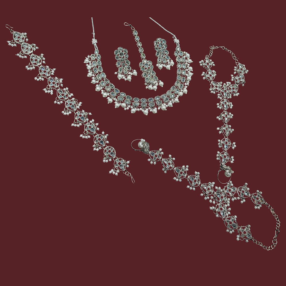 NAFJ Elegant Crystal Stone And Pearl Semi Bridal Necklace Set