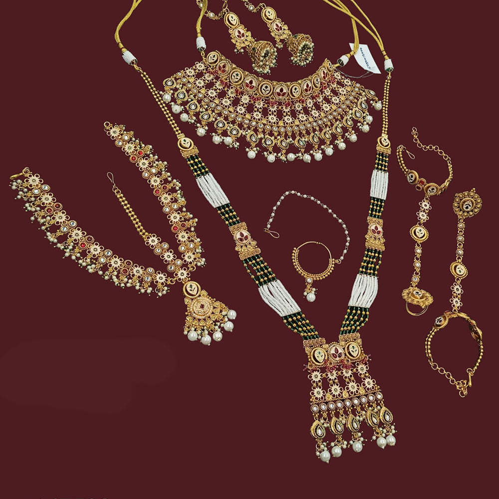 NAFJ Premium Pota Stone Pearl And Beads Meenakari Bridal Jewellery Set