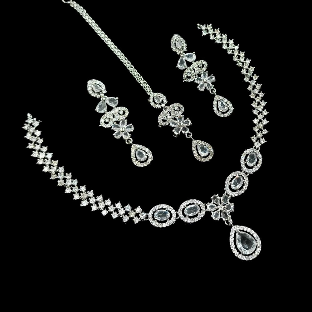 NAFJ Glamorous Crystal Stone And Austrian Stone Designer Necklace Set With Maangtikka