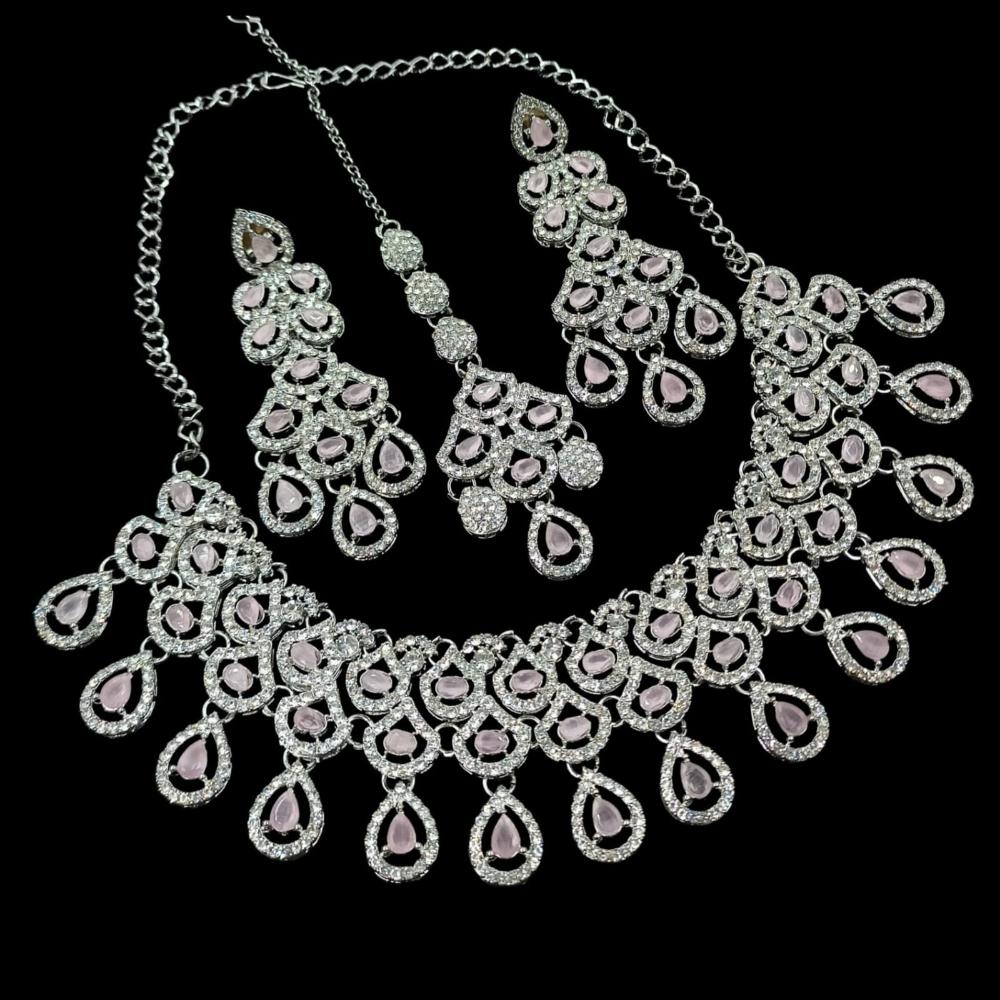 NAFJ Glamorous Crystal Stone And Austrian Stone Designer Necklace Set With Maangtikka