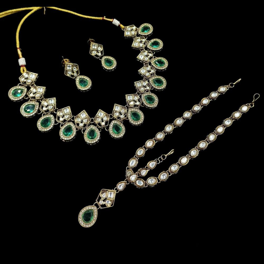 NAFJ Royal Pota Stone Necklace Set With Maangtikka