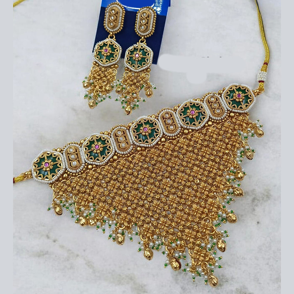 NAFJ Maharani Style Pota Stone And Pearl Choker Necklace Set