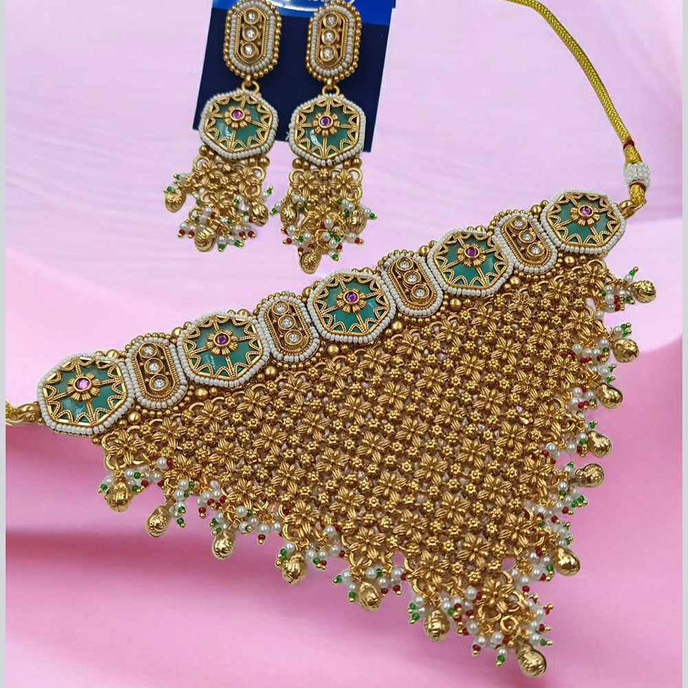 NAFJ Maharani Style Pota Stone And Pearl Choker Necklace Set