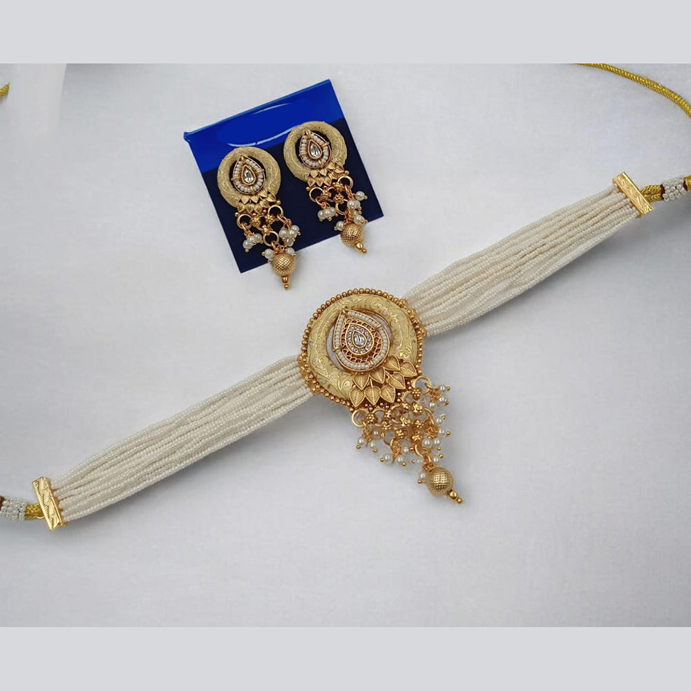 NAFJ Maharani Style Pota Stone And Pearl Meenakari Choker Necklace Set