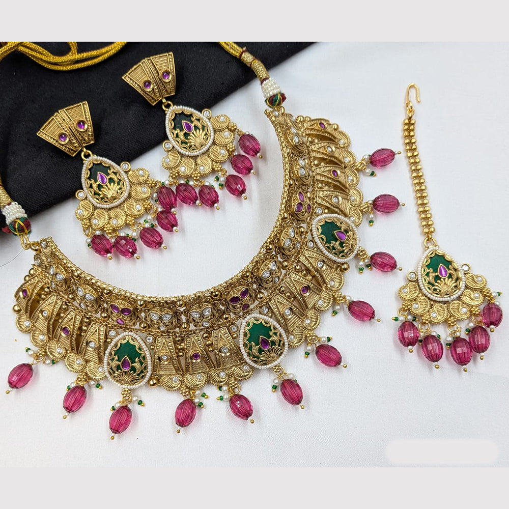 NAFJ Heavy Pota Stone And Pearl Choker Necklace Set for Women